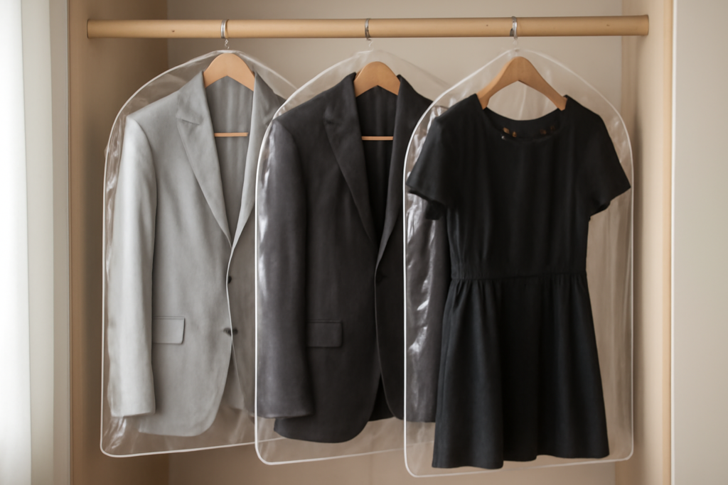 ハンガーに吊られたスーツと礼服
