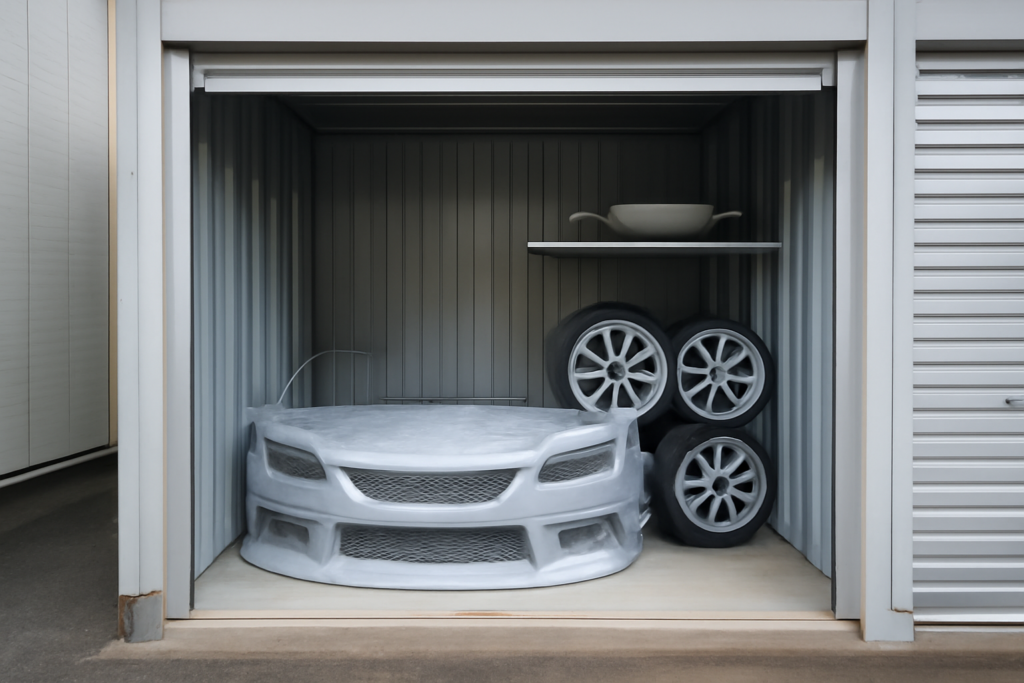 トランクルームに保管された自動車部品・カーパーツ