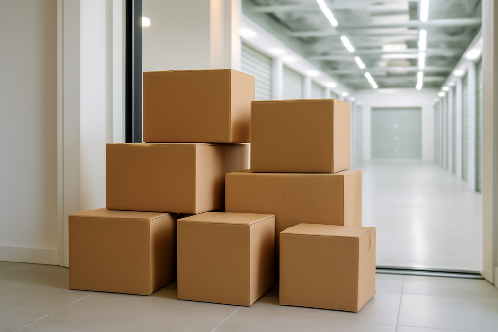 段ボールに荷物を詰めて宅配で預けるイメージ